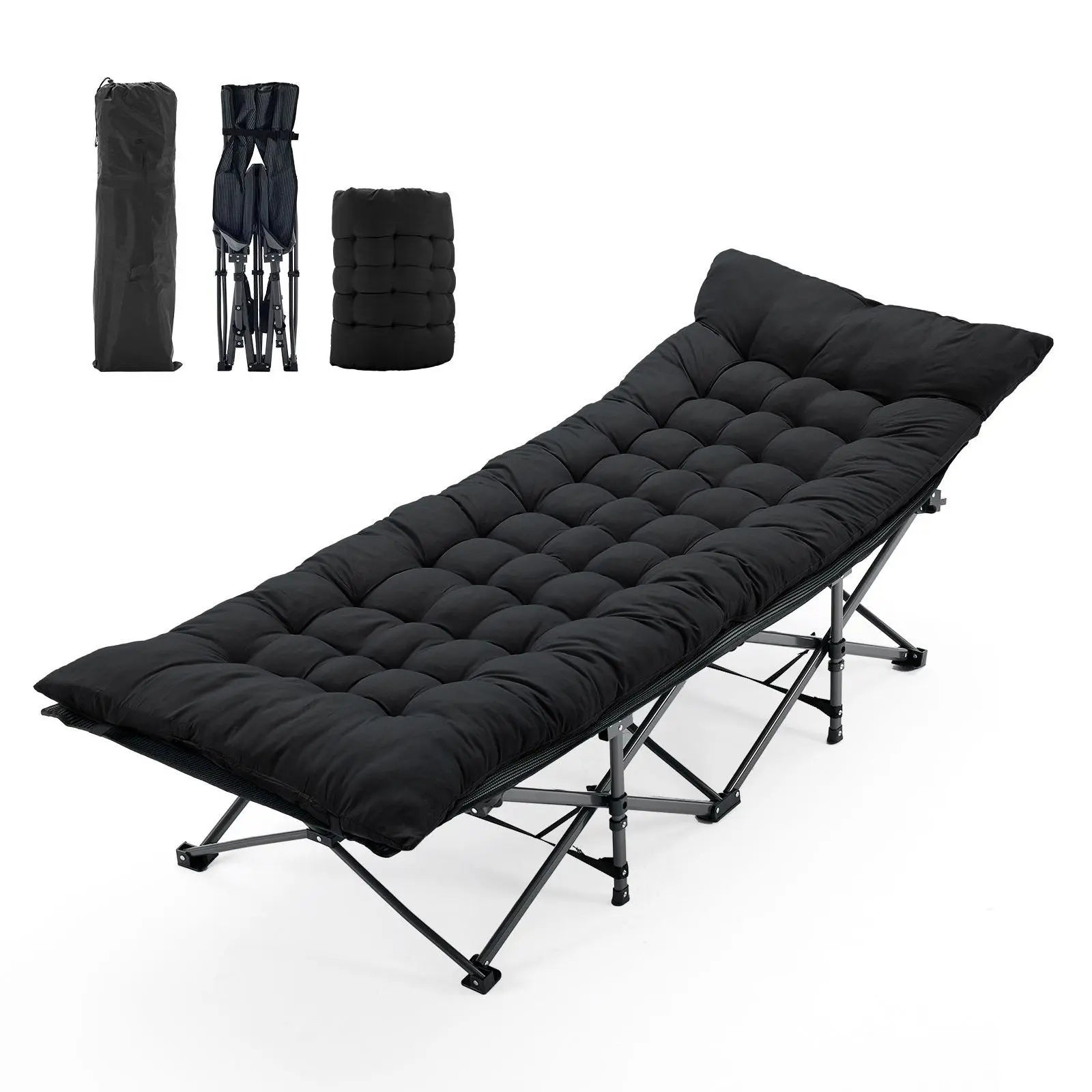 Foldable camping bed with mattress featuring heavy-duty steel frame for outdoor sleeping and travel