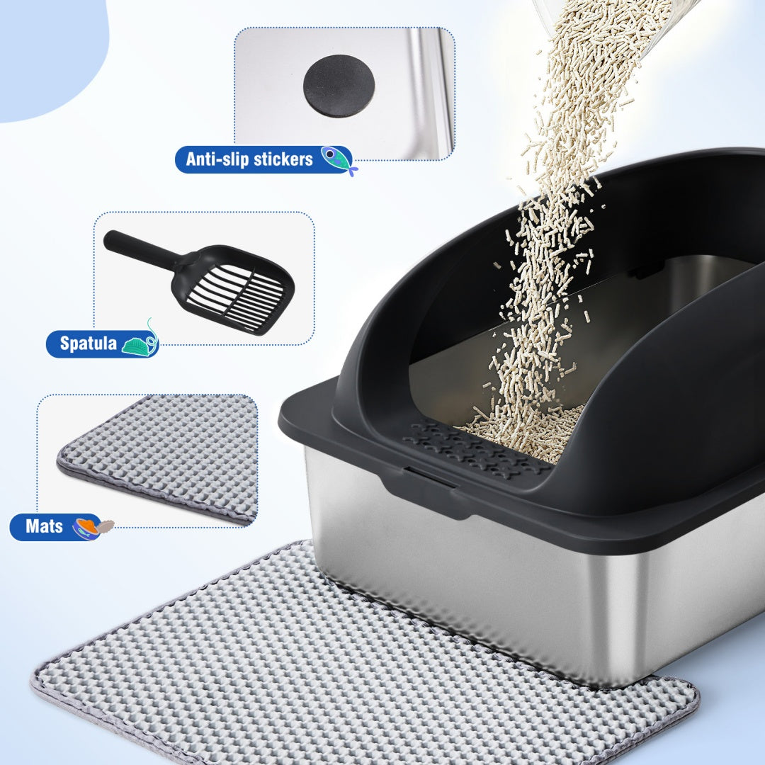 Durable metal cat litter box suitable for large breeds and multiple cats.