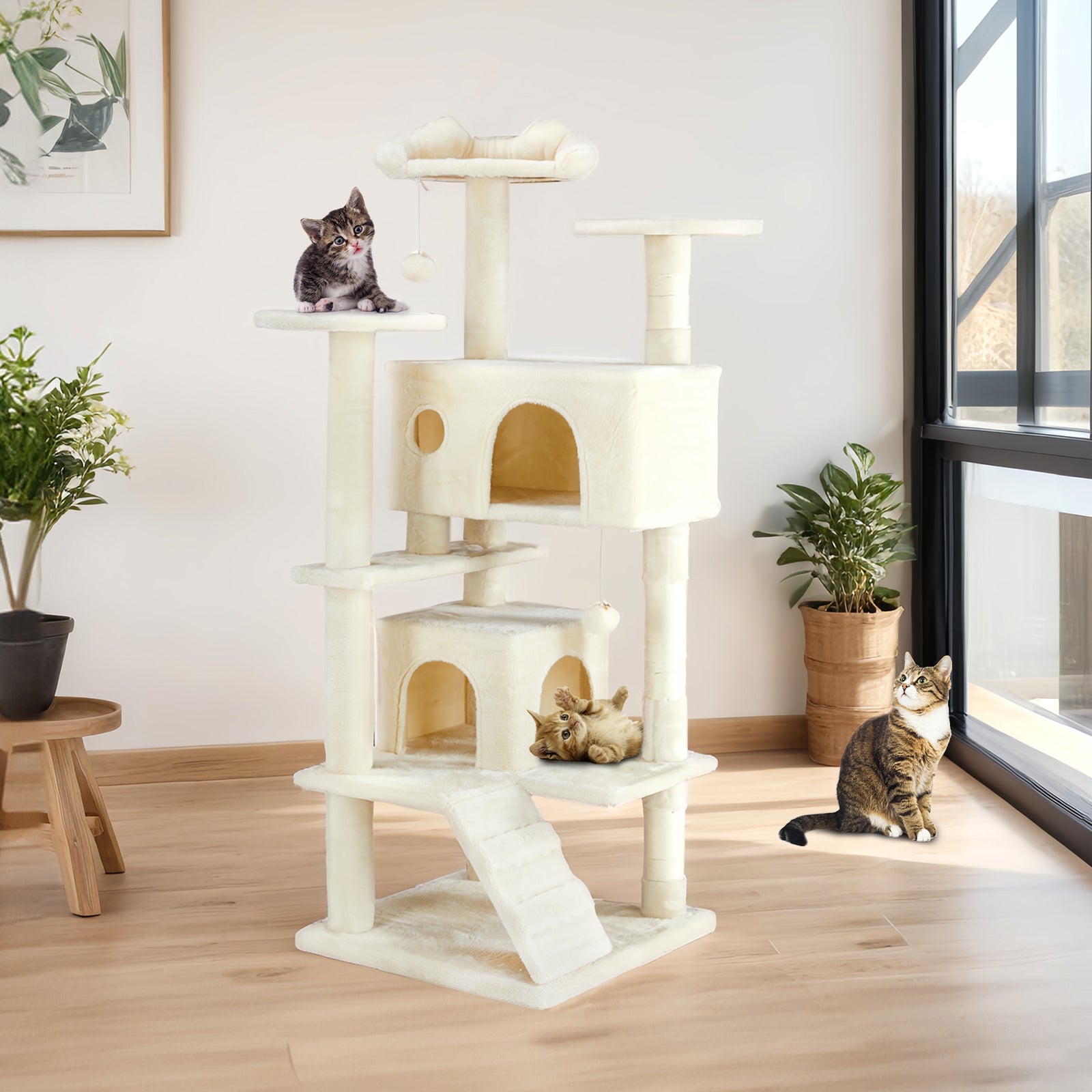 cozy resting area for cats inside treehouse