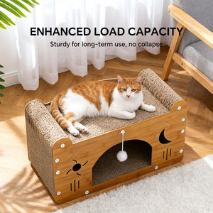 Cat scratcher couch with interactive teaser ball toy