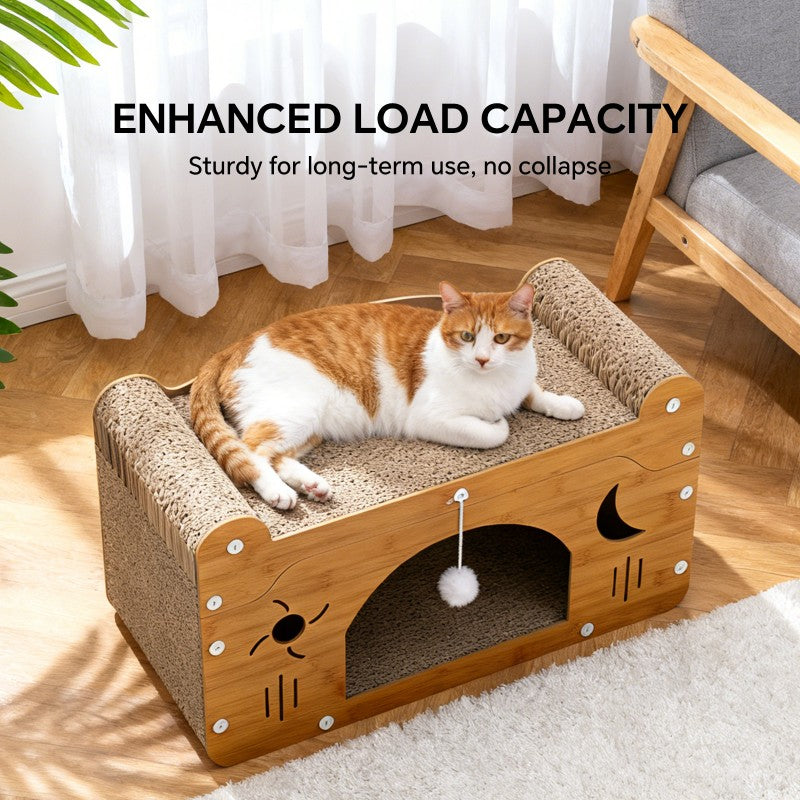 Cat scratcher couch with interactive teaser ball toy