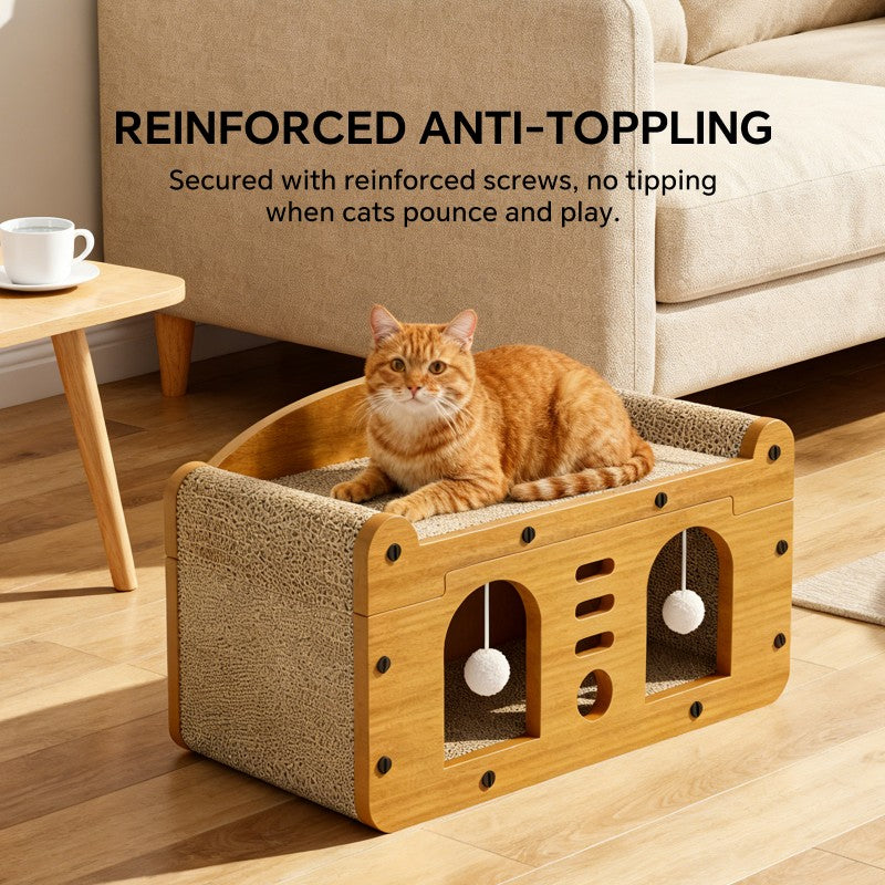 Cat scratcher sofa with two interactive teaser balls