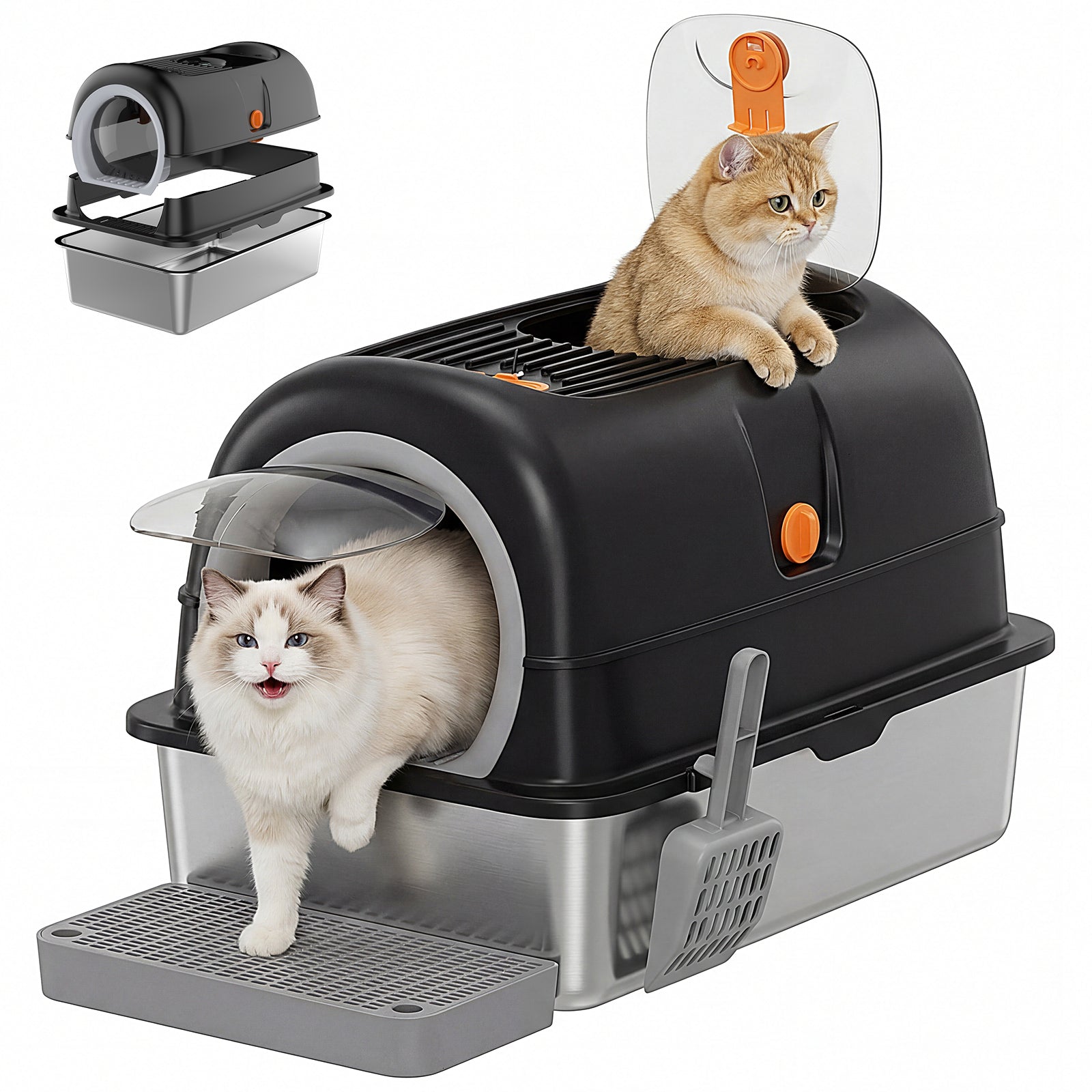 Odor-Free Stainless Steel Cat Litter Box with Double Entry Lid – Large Metal Litter Box for Multi-Cat Homes