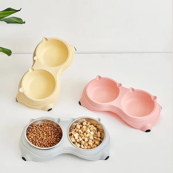 Cute bear shaped pet feeder with stainless steel bowls