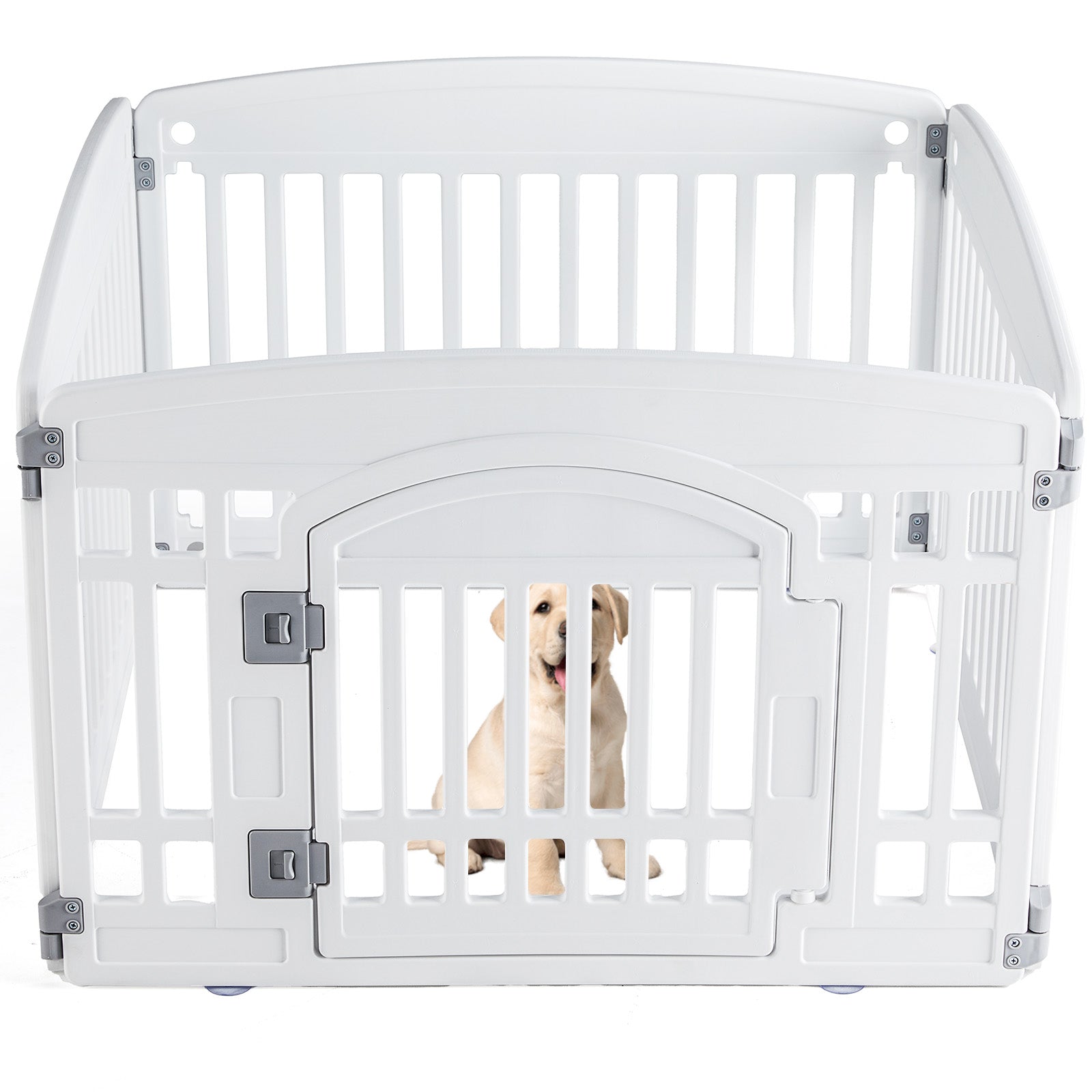 Dog playpen fence placed in indoor living room for pet safety