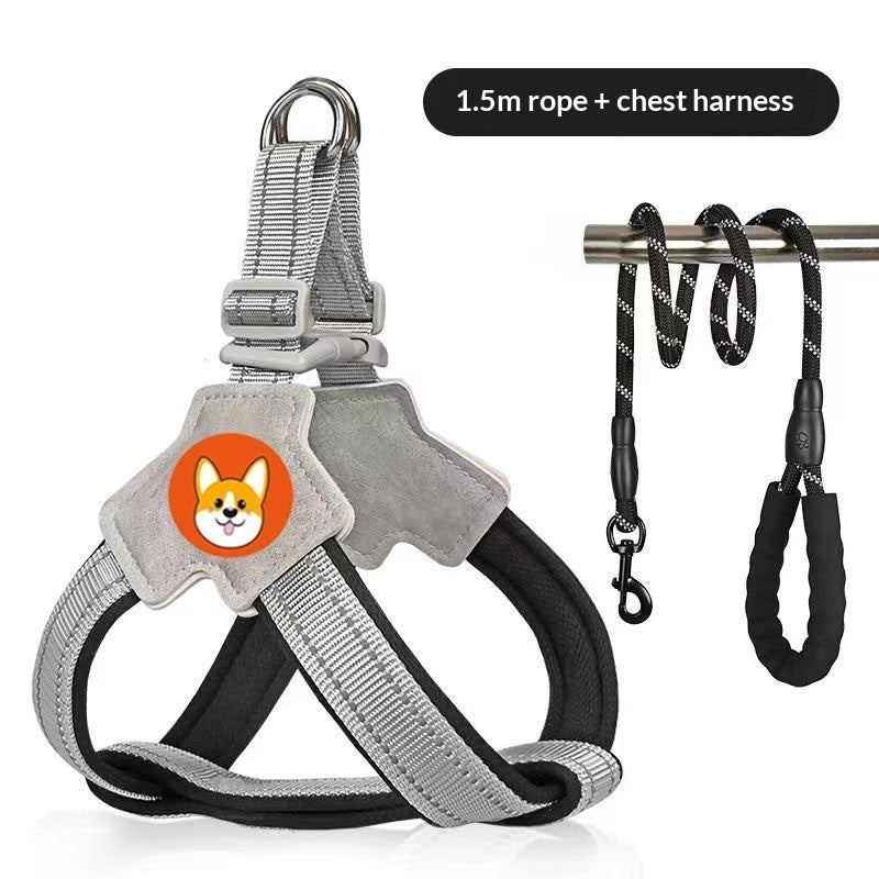 Black Vest-Style Dog Harness with Reflective Leash