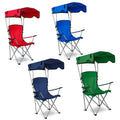 Foldable camping chair with canopy and cup holder for outdoor relaxation, beach trips, camping, and travel