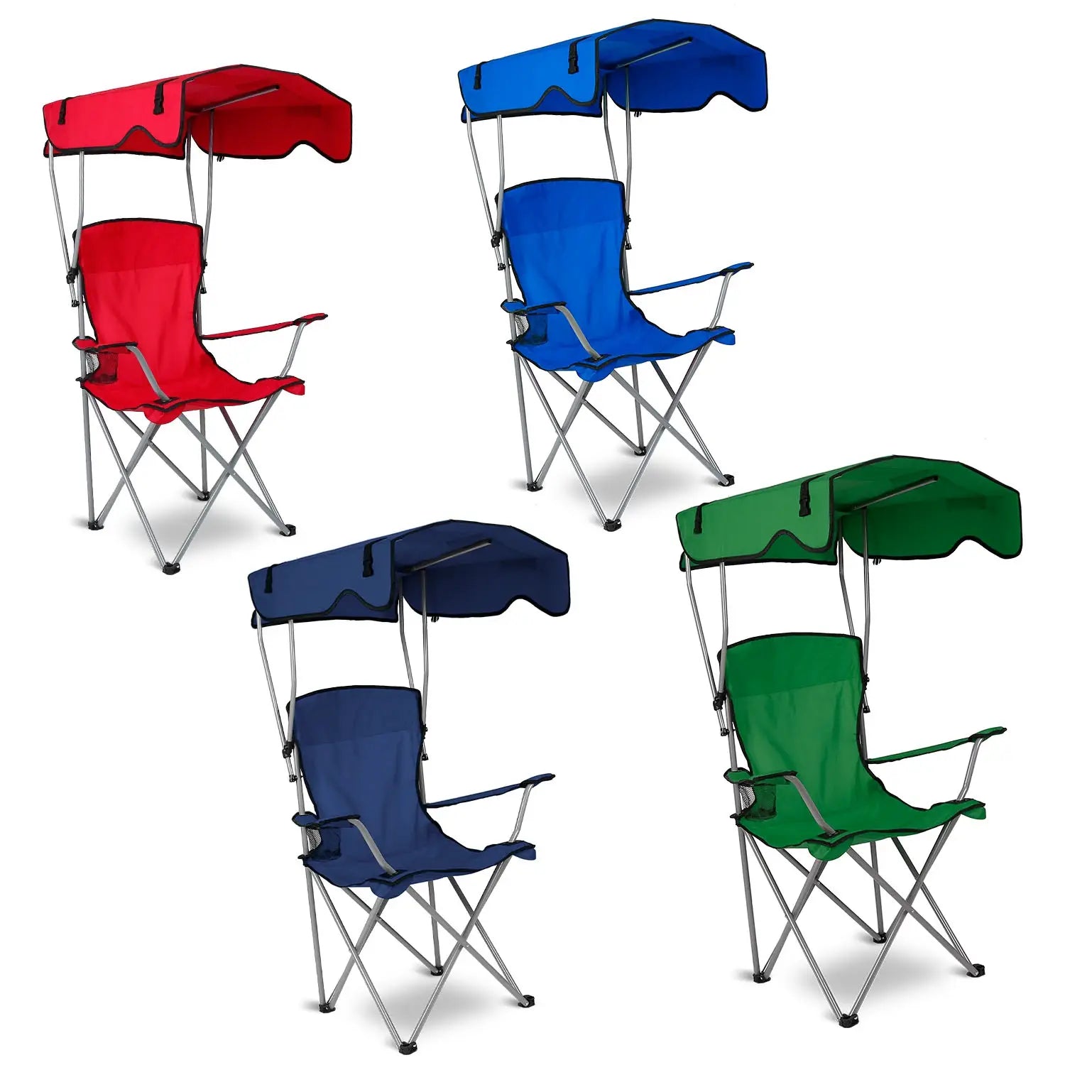 Foldable camping chair with canopy and cup holder for outdoor relaxation, beach trips, camping, and travel
