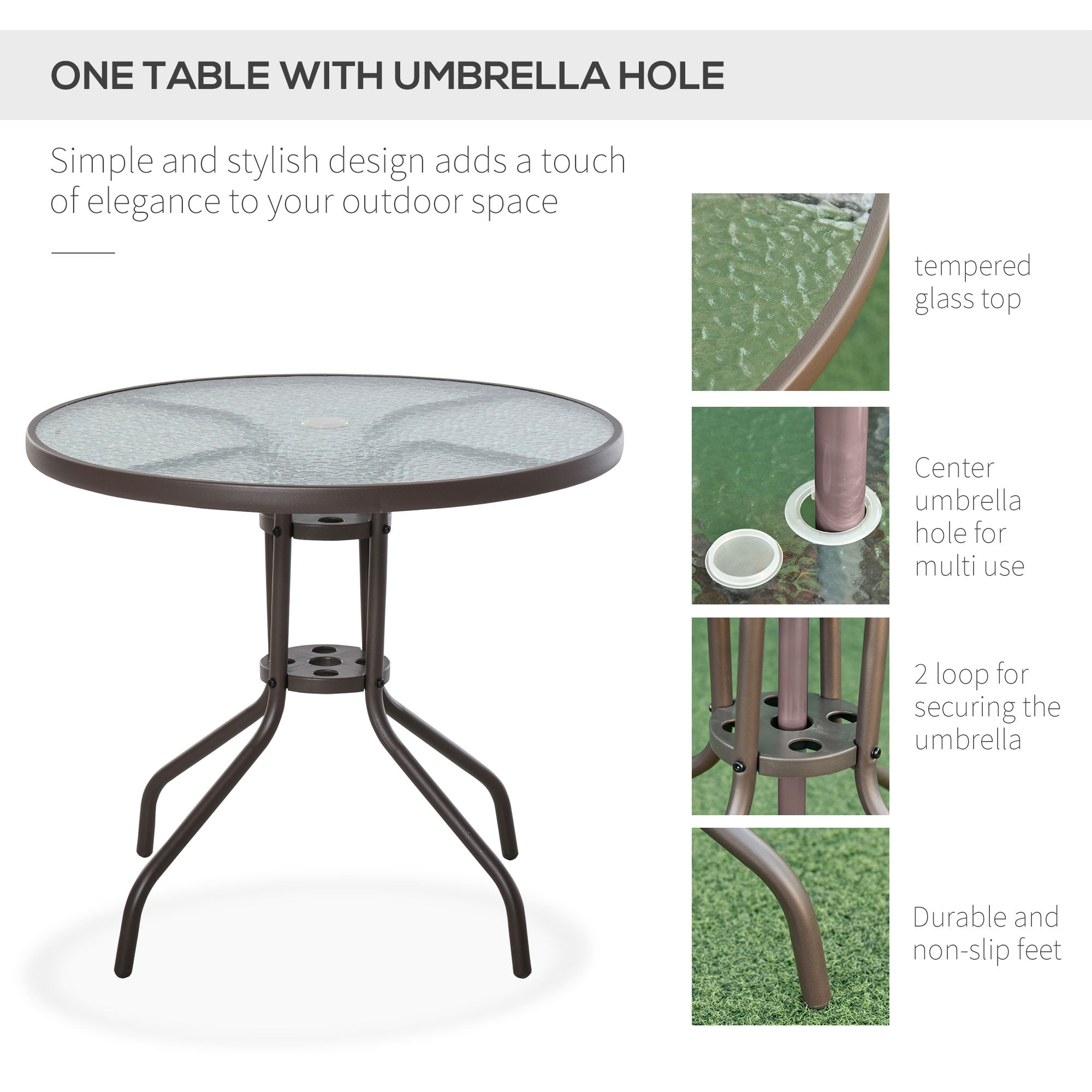 Modern outdoor dining set with durable steel frame, glass table, and weather-resistant patio umbrella