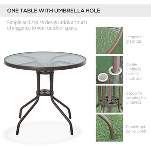 Modern outdoor dining set with durable steel frame, glass table, and weather-resistant patio umbrella