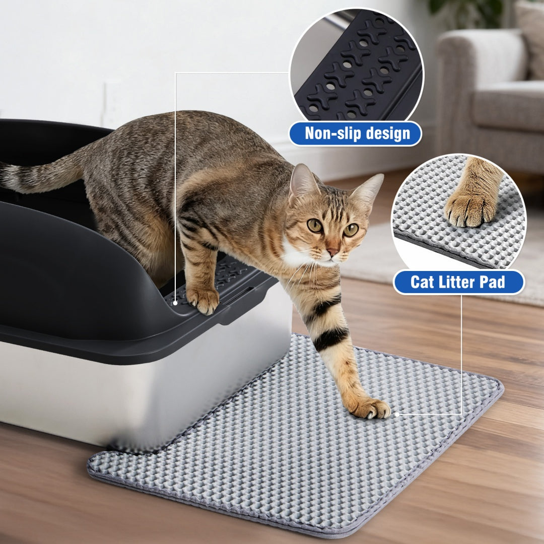 Dimensions view of an extra large stainless steel cat litter box.