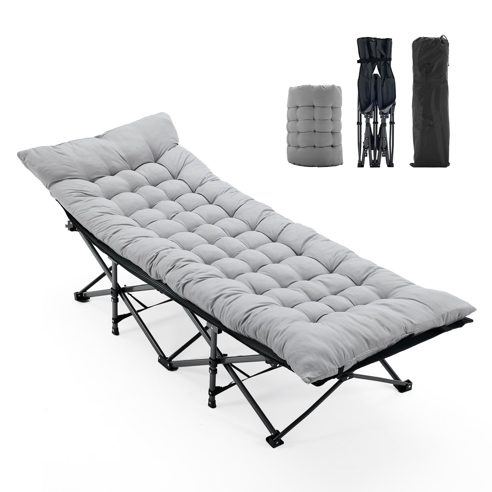 Portable folding camping cot with comfortable mattress for camping, hiking, and outdoor adventures