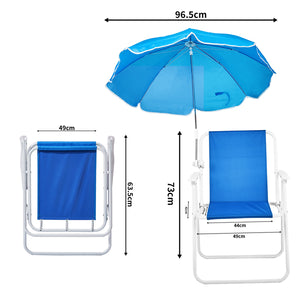 Blue beach chair with sun umbrella offering comfortable seating and UV protection outdoors