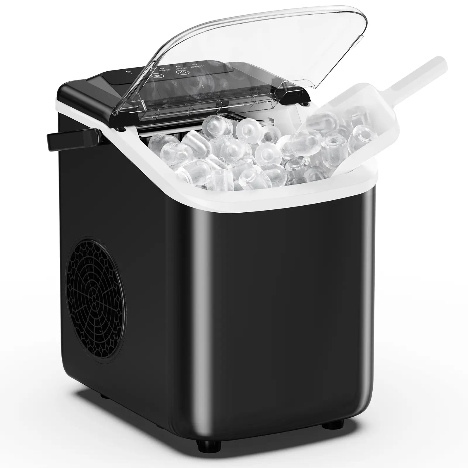 Black portable ice maker with clear lid filled with ice cubes on a white background