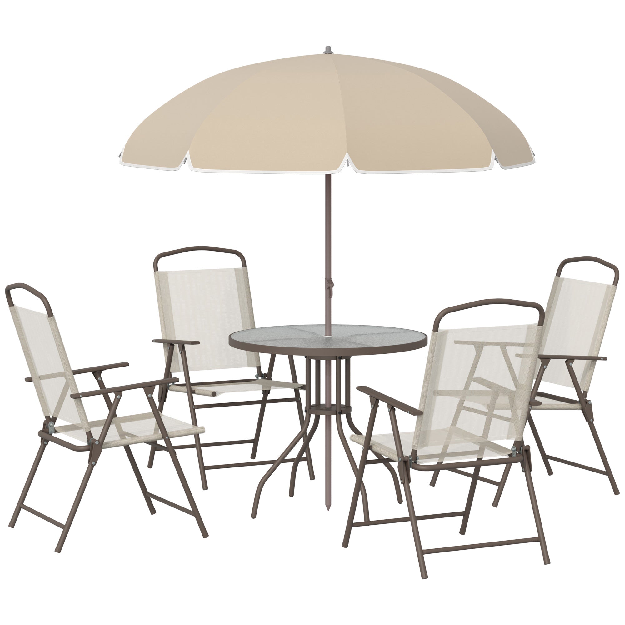 Complete outdoor furniture set with umbrella designed for patios, balconies, lawns, and poolside relaxation