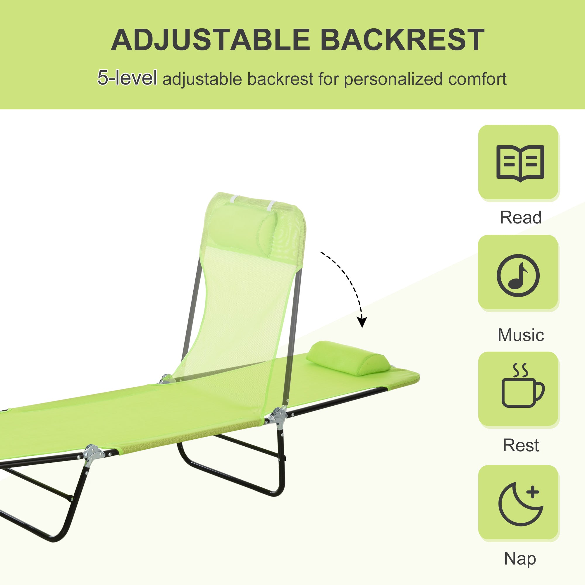 Outdoor sun tanning chair with breathable mesh seat and comfortable headrest