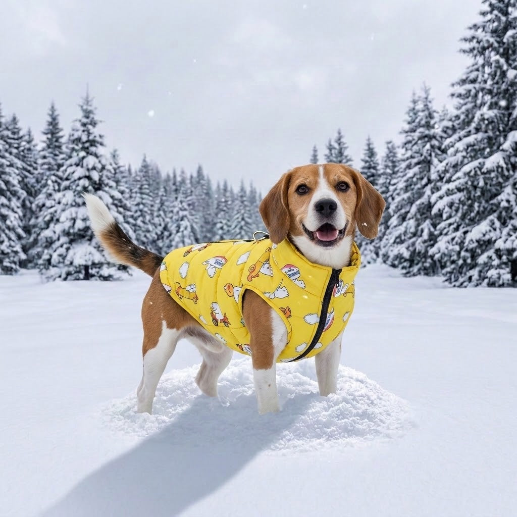 dog winter coat with a cartoon print and black zipper trim,