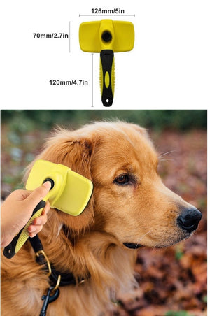 close up self cleaning pet brush with easy hair release button