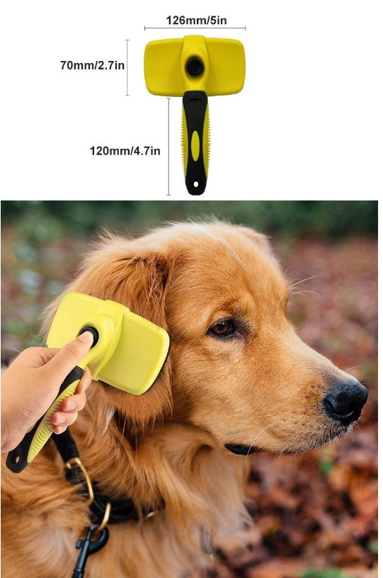 close up self cleaning pet brush with easy hair release button