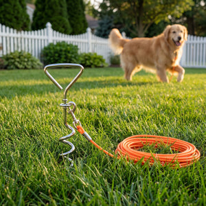 Heavy-duty outdoor dog tie out cable with ground stake