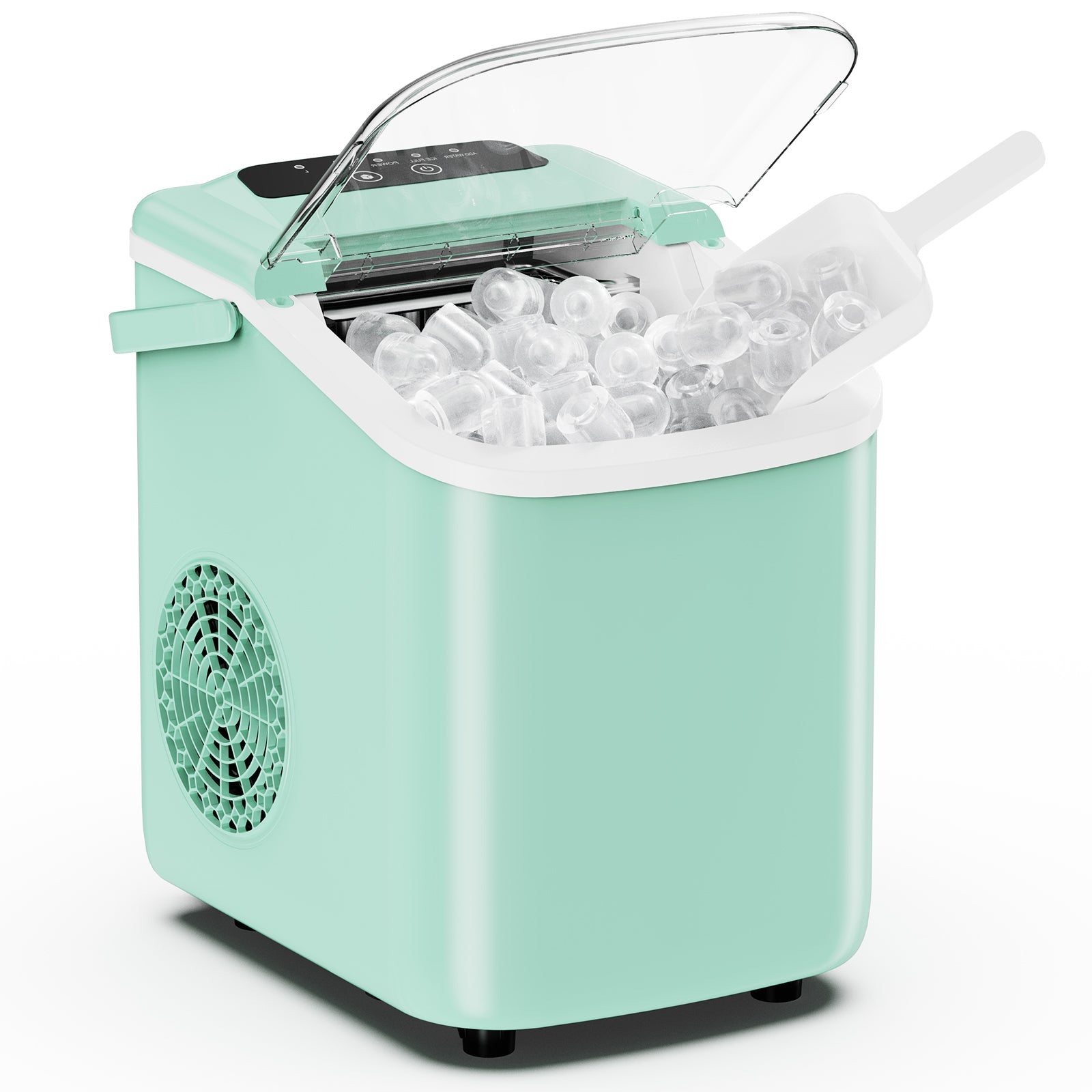 Mint green portable ice maker with clear container on a white background