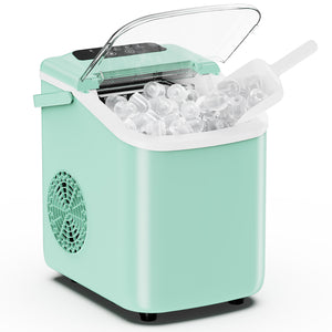 Mint green portable ice maker with clear container on a white background