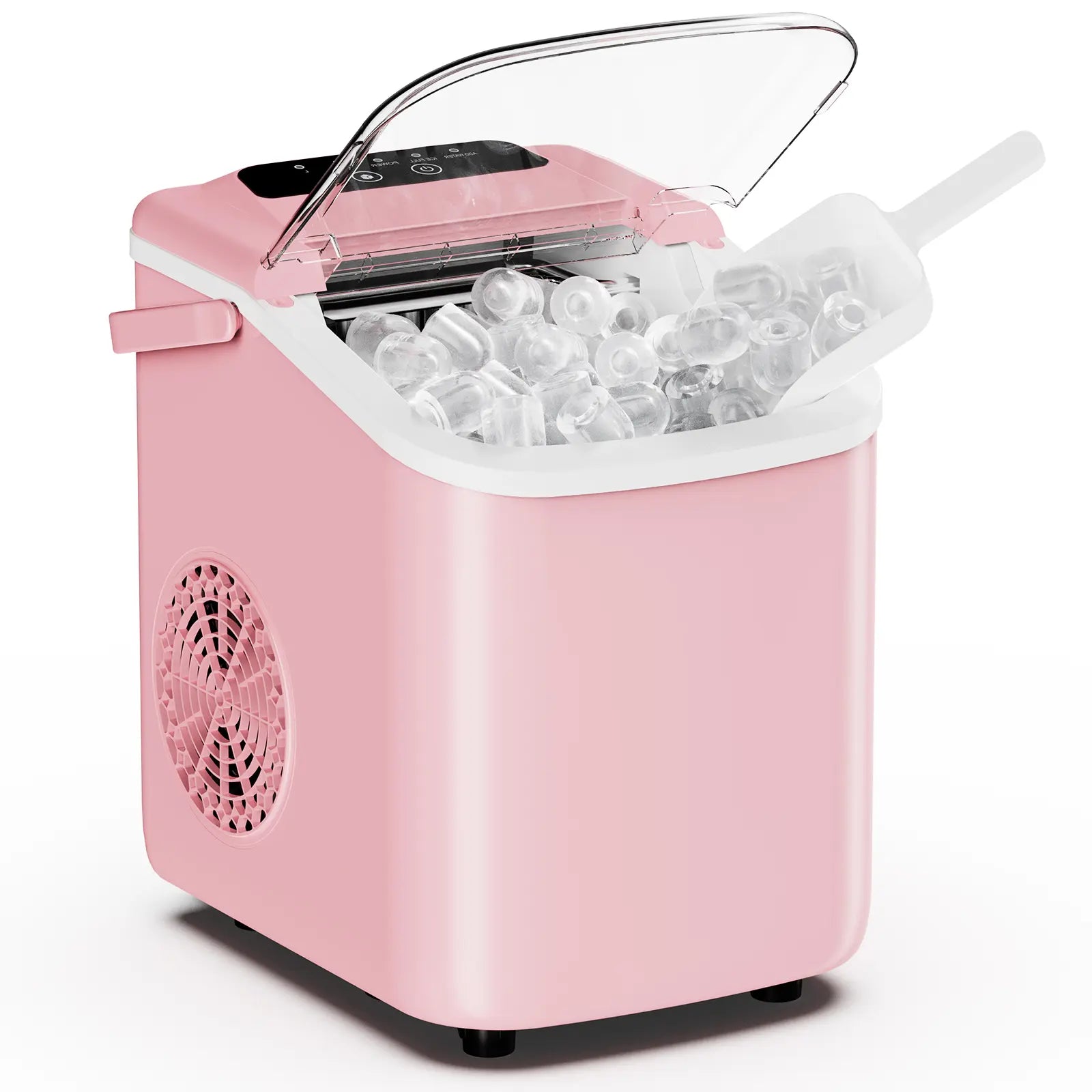Pink portable ice maker with clear container on a white background