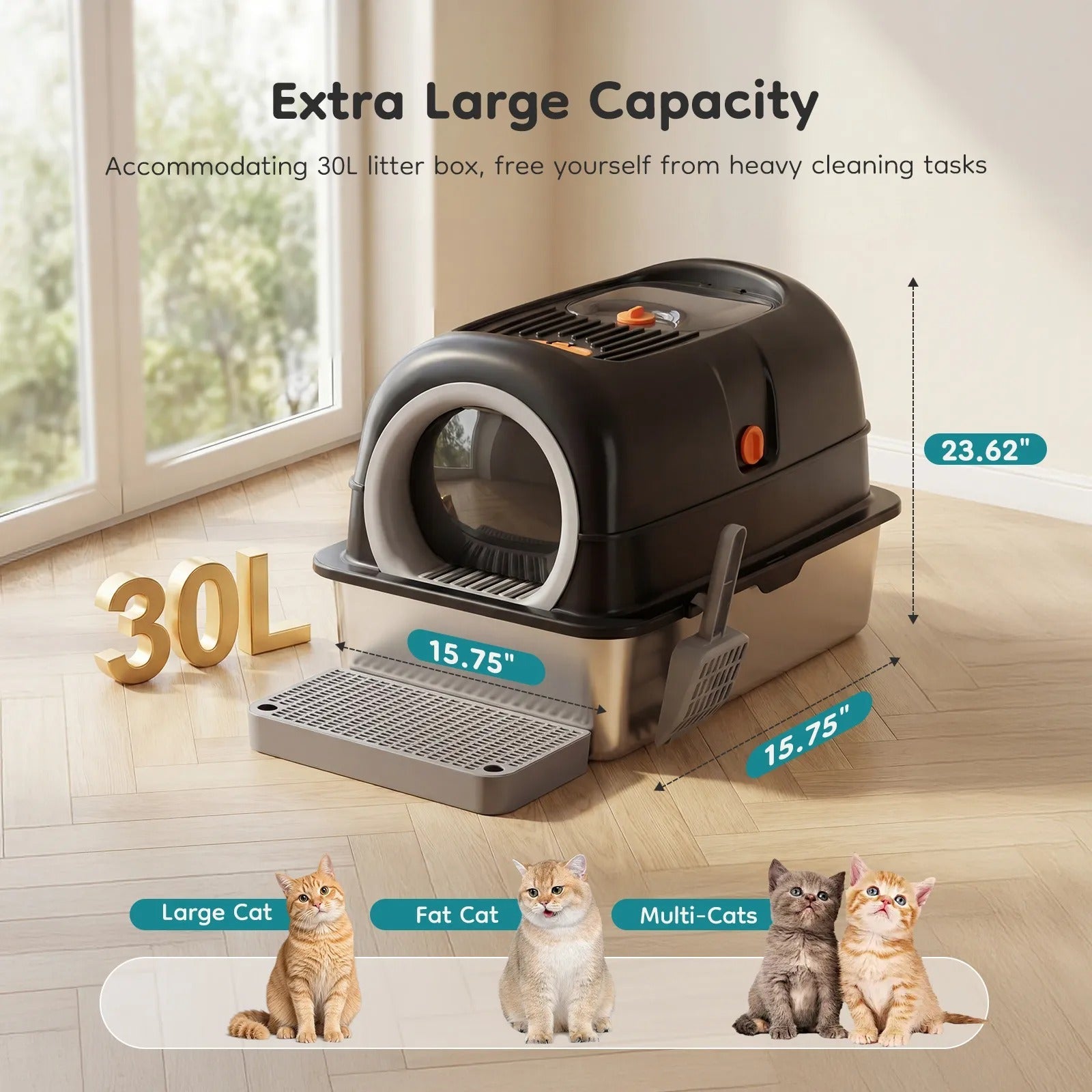 Stainless steel cat litter box shown in black and grey colors
