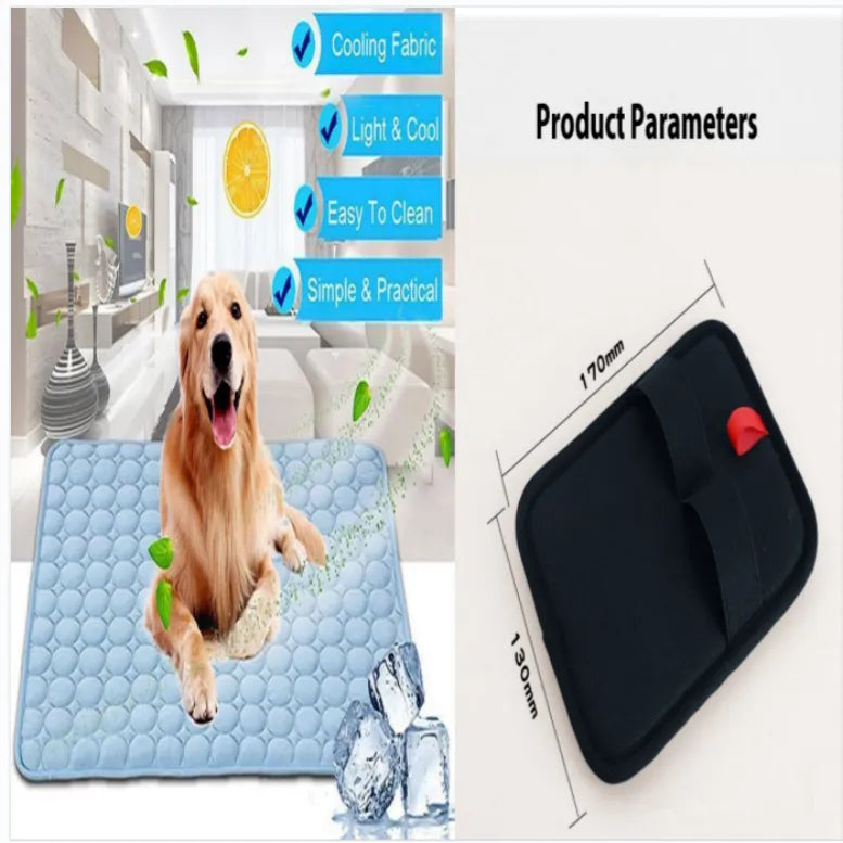 Ice silk cooling pet mat draped over pet crate
