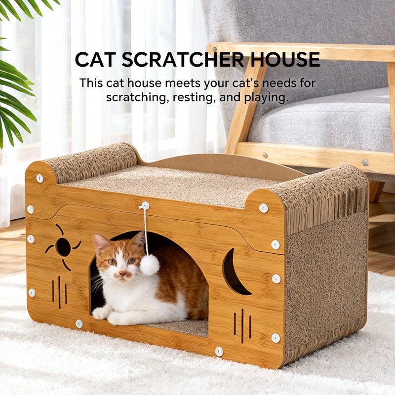 Interactive cat scratcher couch with rolling teaser ball