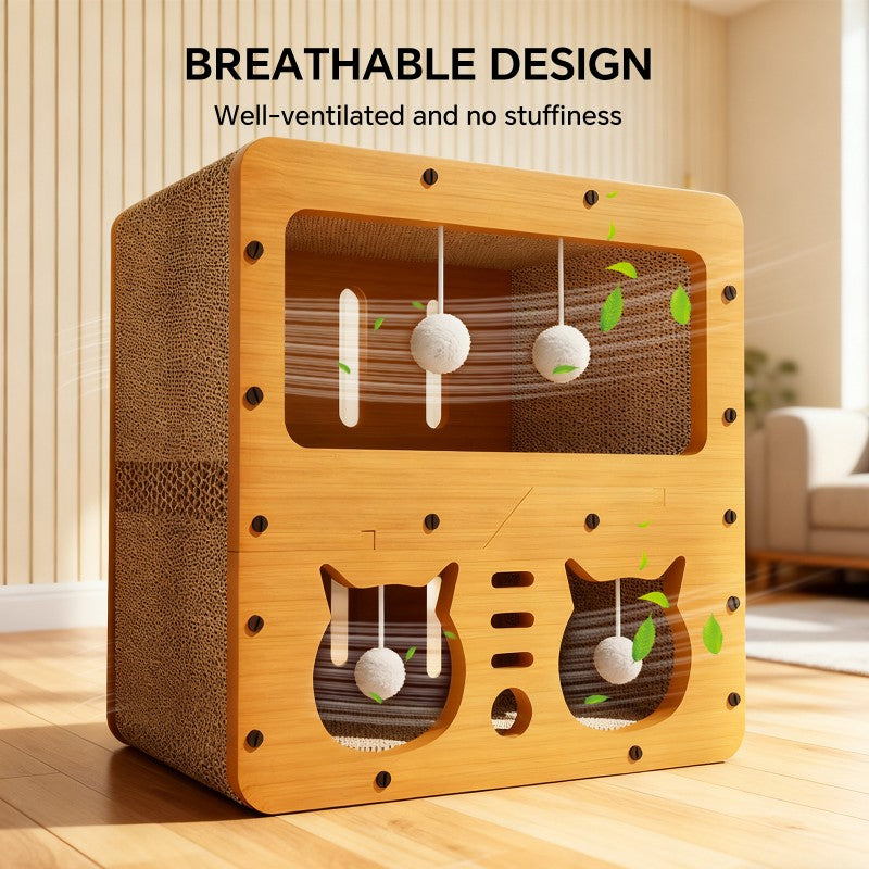 Interactive cat scratcher sofa with rolling teaser balls