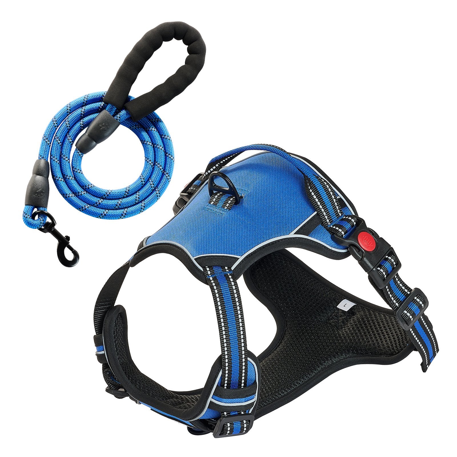 Dog harness with back metal ring for leash attachment and control