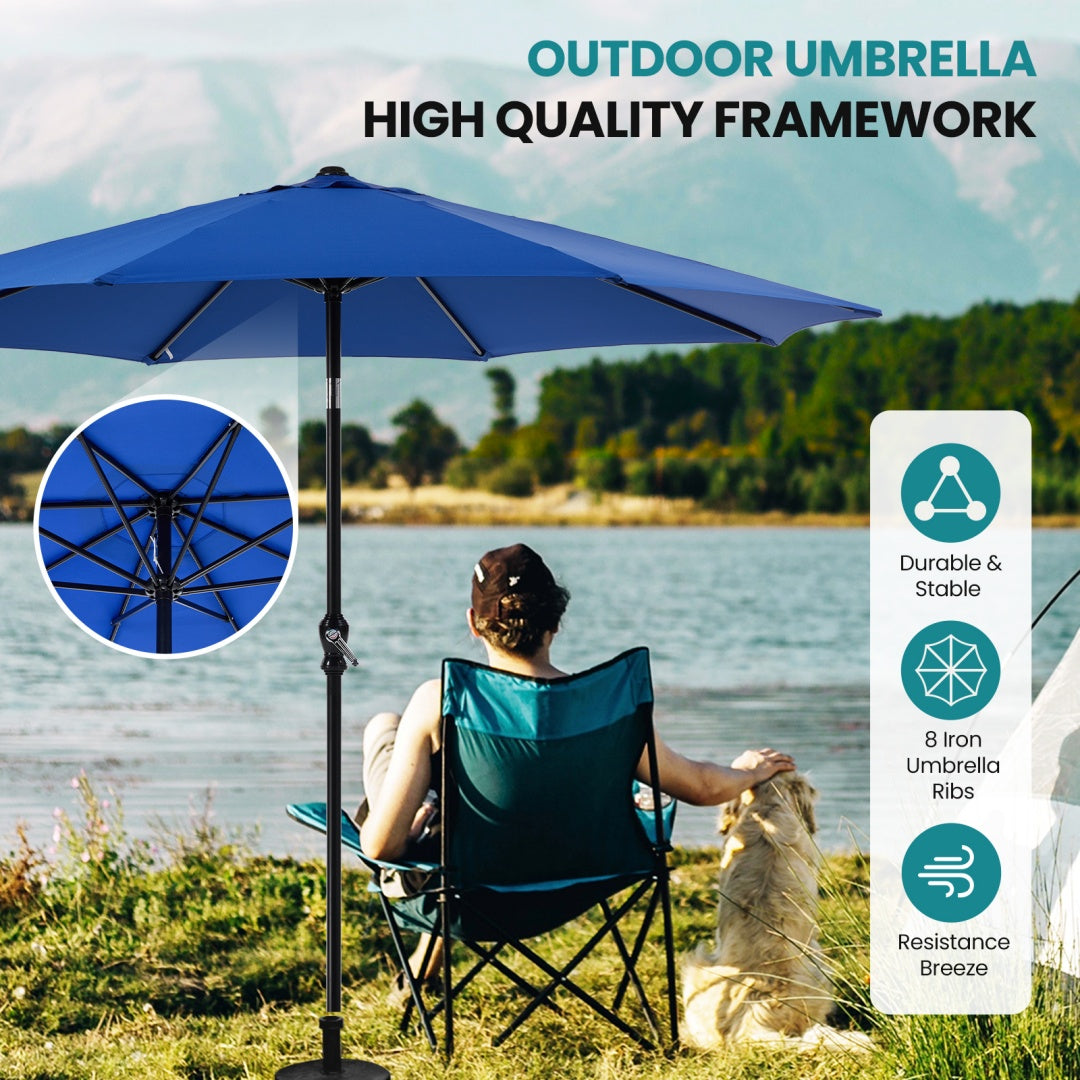 red patio umbrella in backyard providing sun shade