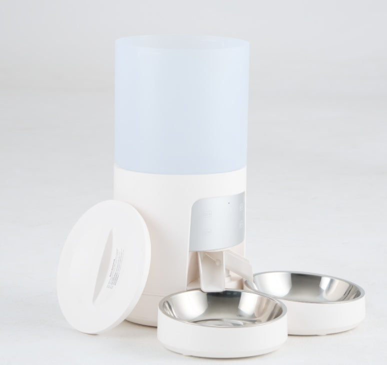 large pet food dispenser with stainless steel bowl