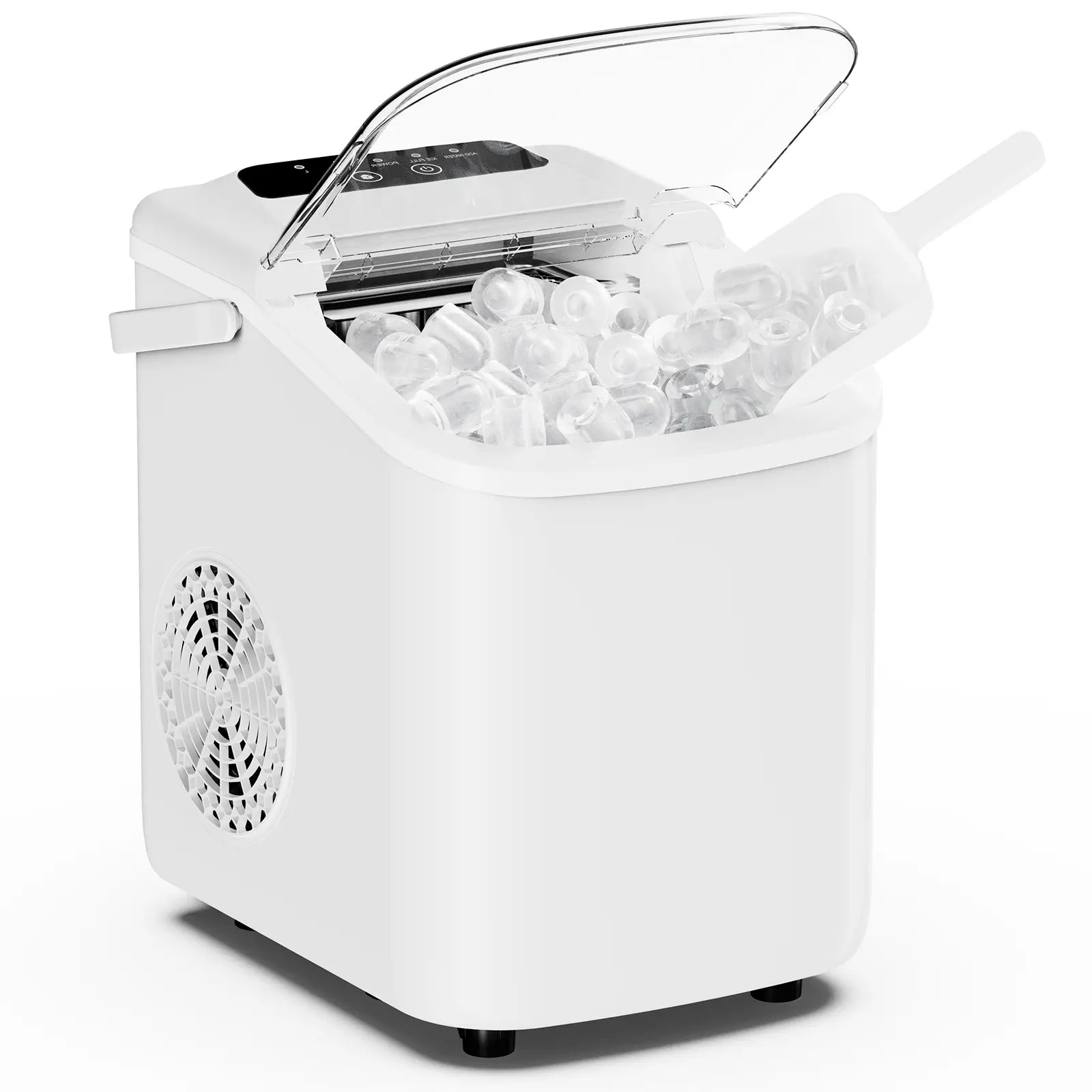 White portable ice maker with a clear container filled with ice cubes on a white background