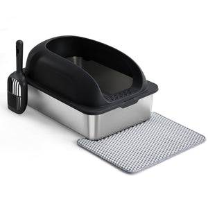Large high sided stainless steel cat litter box for odor control.