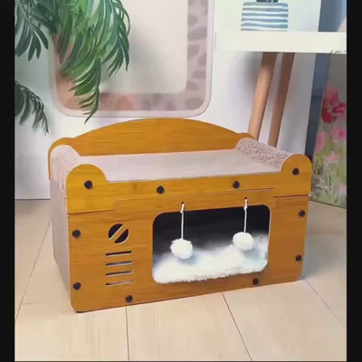 Wooden Style Cat Scratcher Villa – Double Layer Cat Bed & Play House