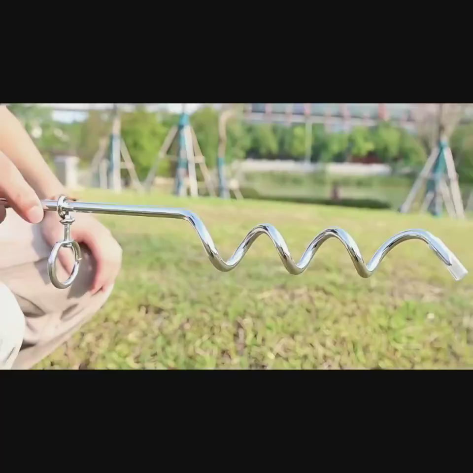 Ground stake dog leash system for safe outdoor dog play