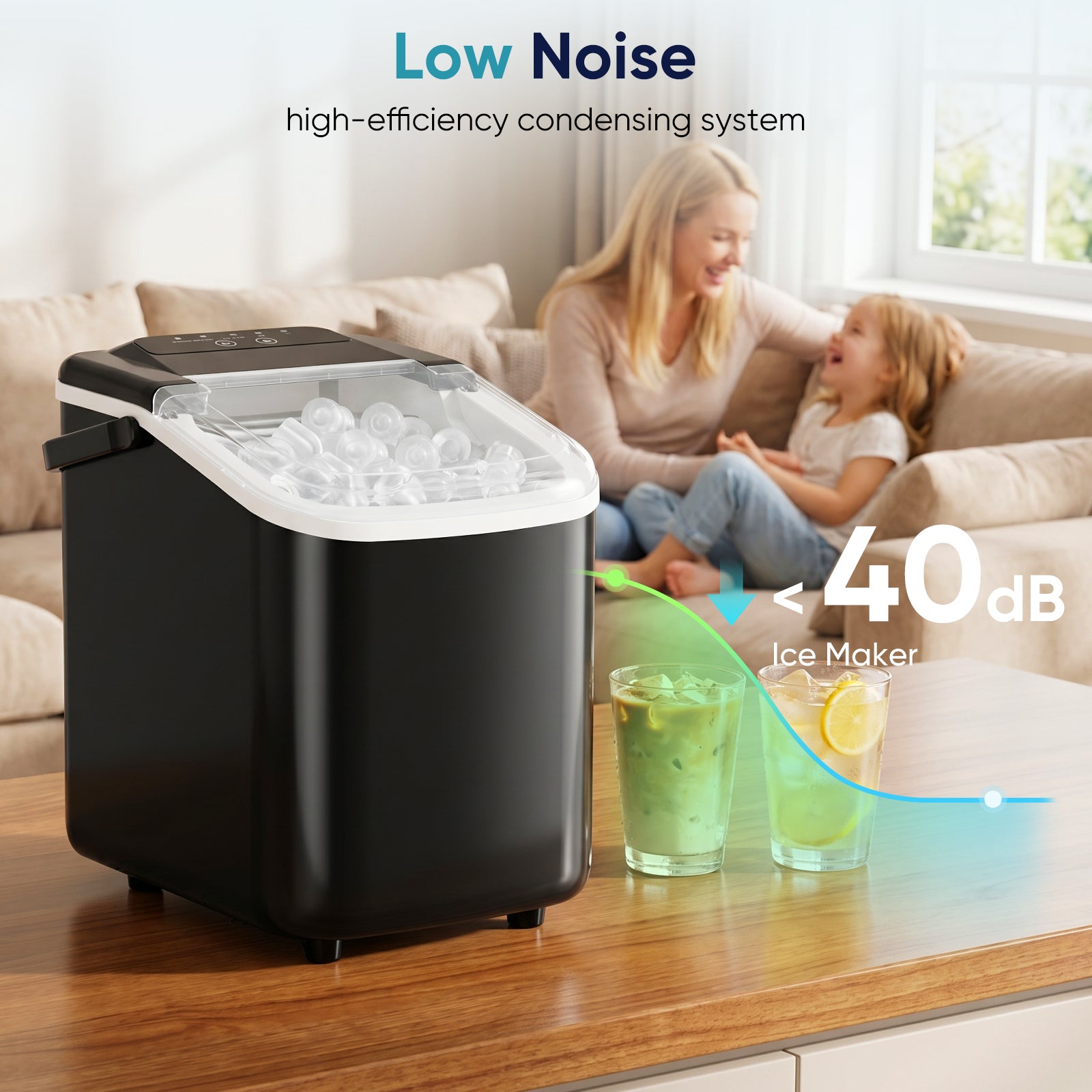 Ice maker on a counter with a family in the background, emphasizing low noise and high-efficiency.
