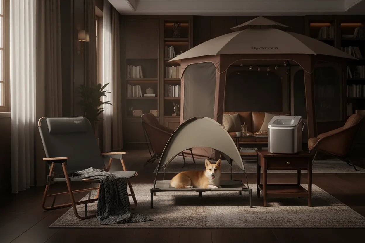 Dog lying in a pet canopy bed in a cozy living room with bookshelves and furniture.