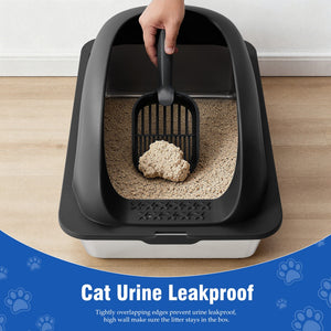 Stainless steel cat litter pan with matching metal scoop and holder.